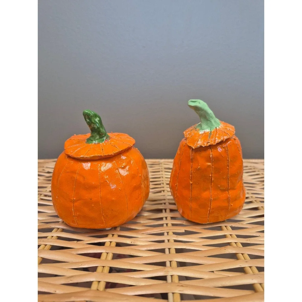 Vintage Handmade Pottery Jack O Lantern Pumpkin Tealight Holders Halloween Pair